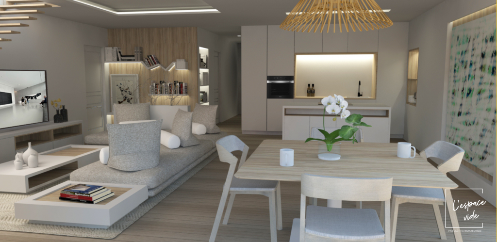 Projet fictif Studio Montpellier Plan 3D Laetitia Nowakowski Architecte d'intérieur Salon