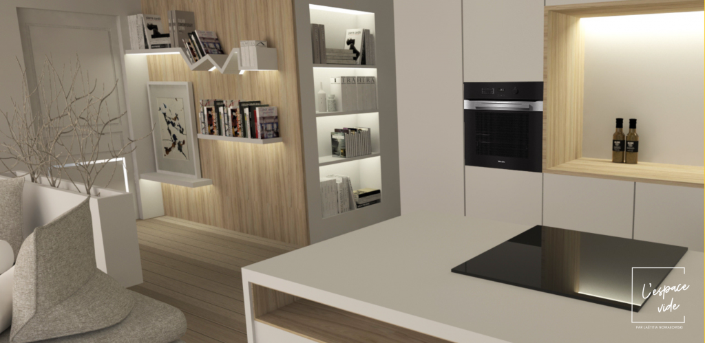 Projet fictif Studio Montpellier Plan 3D Laetitia Nowakowski Architecte d'intérieur Cuisine et salon